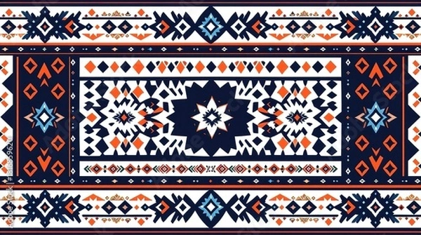 Obraz Colorful carpet with tribal pattern design. It features geometric shapes and designs in blue and orange.