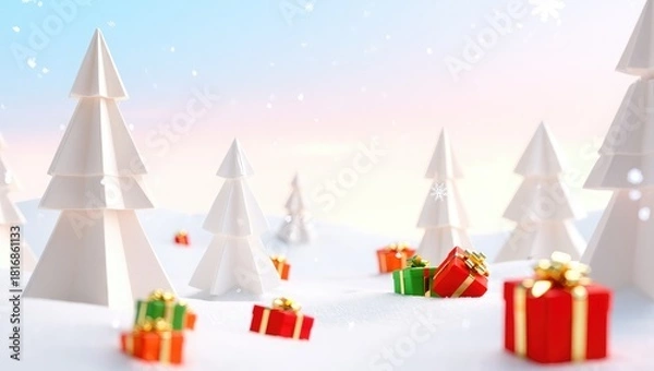 Fototapeta Snowy winter landscape with white trees and gift boxes