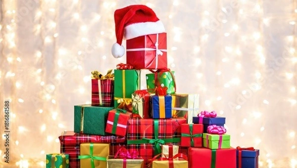Obraz Stack of Christmas Presents with Santa Hat and Bokeh Lights