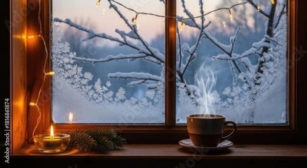 Fototapeta Steaming coffee cup and candle by frosted window on winter evening