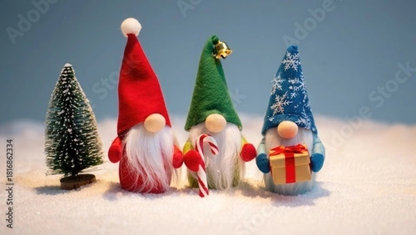Fototapeta Three Christmas gnomes with festive hats and gifts in snow