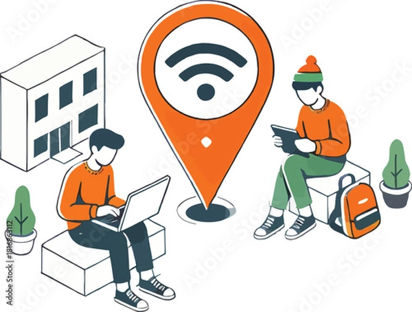 Fototapeta People using wi-fi at a public spot with laptop tablet and location pin illustration