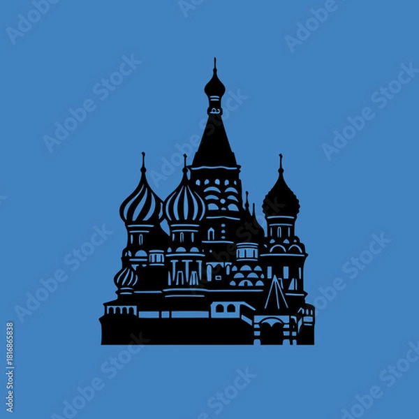 Fototapeta Black silhouette of St. Basil's Cathedral with its iconic onion domes and spires against a solid blue background, representing Russian architecture.