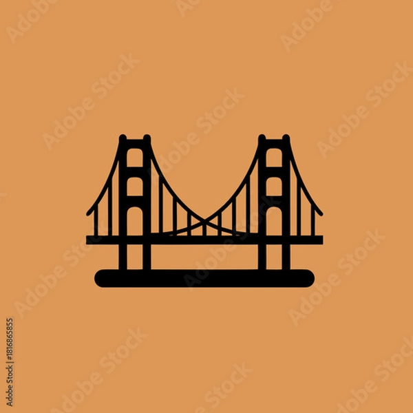 Fototapeta A minimalist graphic illustration of a suspension bridge, possibly the Golden Gate Bridge, in black silhouette on a warm orange background.