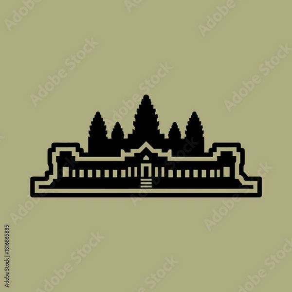 Fototapeta Stylized black silhouette of a famous Cambodian temple, possibly Angkor Wat, against a muted olive-green background, featuring intricate architectural details.