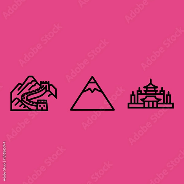 Fototapeta Three black outline icons on a pink background depicting the Great Wall of China, a mountain, and a traditional Asian temple.
