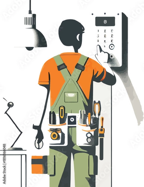 Fototapeta Technician in overalls using a keypad to access building security system illustrated