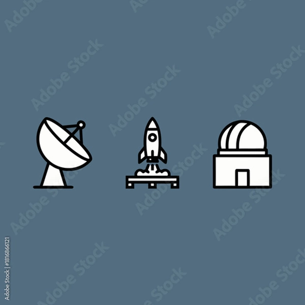 Fototapeta Line art icons representing space exploration, astronomy, and scientific research with a satellite dish, rocket, and observatory.