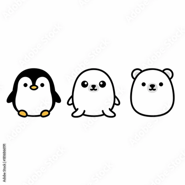 Fototapeta Cute cartoon penguin, seal, and polar bear characters in a minimalist style.