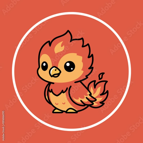 Fototapeta A cute cartoon baby phoenix with fiery orange and red feathers, big eyes, in a white circle on a solid red-orange background.