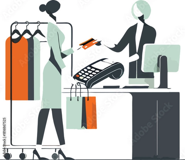 Fototapeta Woman paying with credit card at a clothing store checkout counter illustration