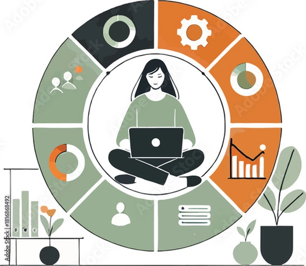 Fototapeta Woman working on laptop surrounded by circular infographic representing business analytics and data