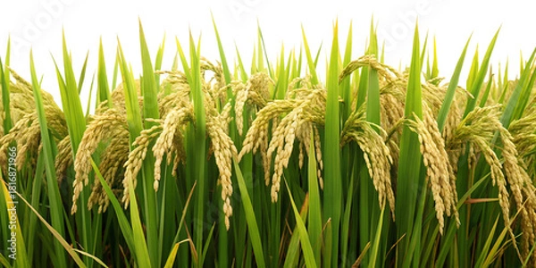Fototapeta Golden rice grains in lush green paddy field close-up on transparent background PNG