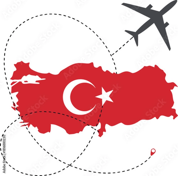 Fototapeta Turkey map vector illustration with national flag, airplane silhouette, and dotted flight path for travel concept