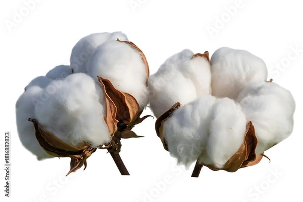 Fototapeta Close up of fluffy white cotton bolls with brown centers isolated on transparent background