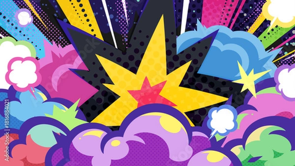 Fototapeta アメコミ風の衝撃の煙と光の背景イラスト_カラフル_16:9