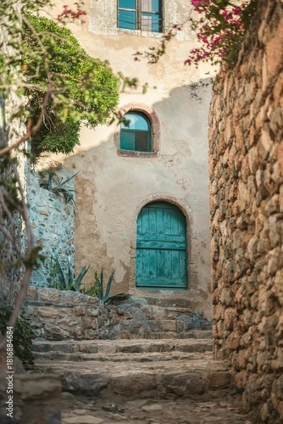 Fototapeta Old stone architecture featuring a medieval church, house, and wall with an arch, door, and window in an ancient European town alley