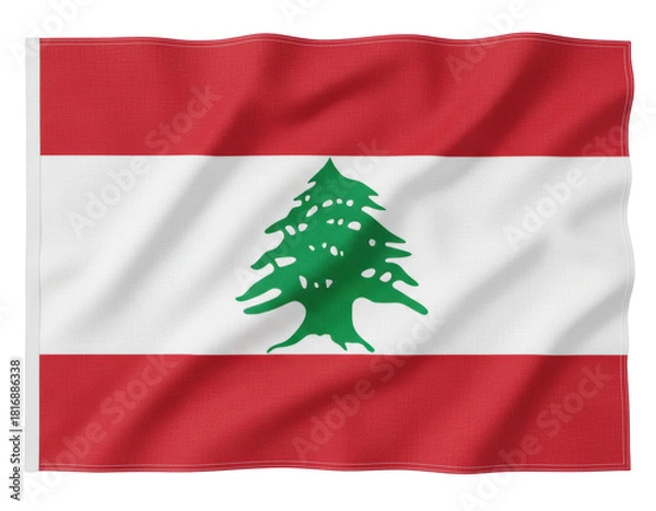 Fototapeta Waving fabric flag of Lebanon featuring the red and white stripes and central green Cedar of Lebanon tree