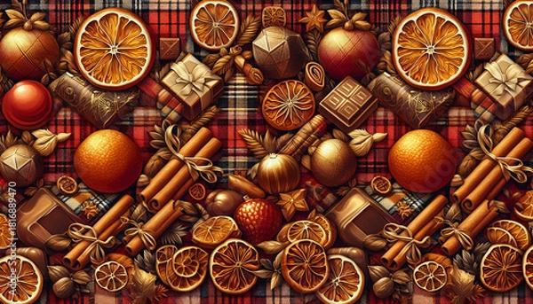 Obraz Christmas pattern seamless with oranges, cinnamon, chocolate, and gifts on plaid