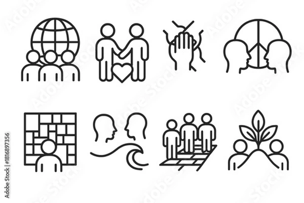 Obraz Unity Icons. Cultural harmony themes linear icon set: global connection, shared humanity, collaborative spirit, peaceful coexistence, cultural mosaic, understanding wave, unity