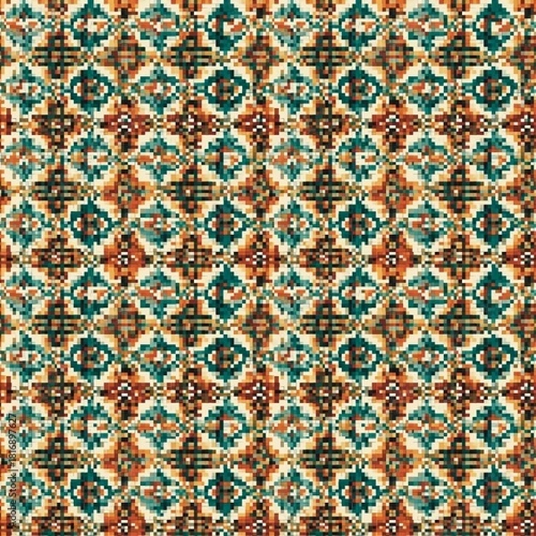 Obraz Seamless geometric mosaic tile pattern, turquoise, cream, orange, high-resolution fabric design design textile pattern seamless fabric pattern, textile background	
