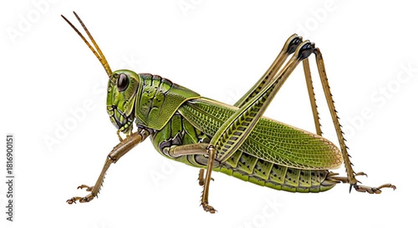 Obraz Green Grasshopper CloseUp on White Background.