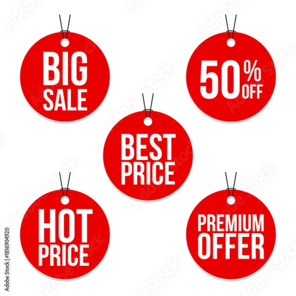 Fototapeta Set of red sale tags and labels. Paper gift label with rope. Special offer, sale, discount, shop, black Friday.