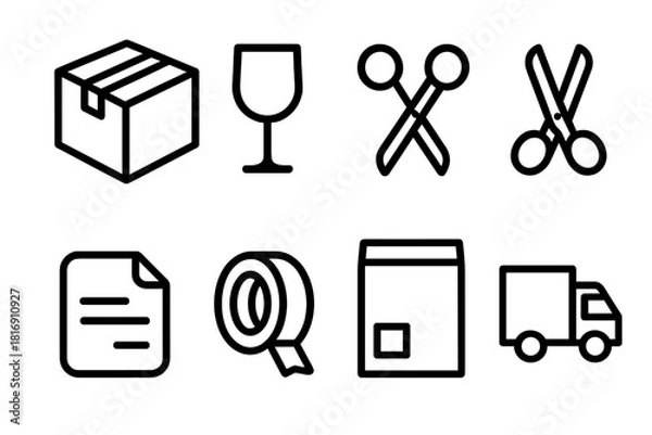 Fototapeta Shipping Icons Collection. Shipping Packaging Set linear icon set. cardboard box, fragile symbol, tape, scissors, sticker, label, bag, delivery truck.