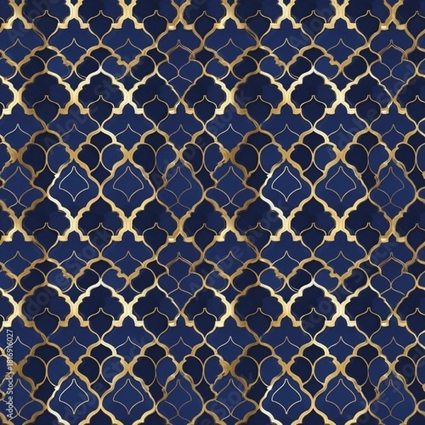 Obraz Seamless Moroccan tile geometric pattern, deep blue and gold, high-quality fabric print fabric design textile pattern seamless fabric pattern, textile background 
