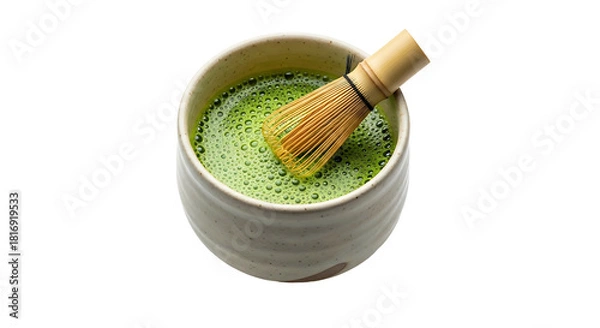 Fototapeta Traditional Japanese Matcha Tea Preparation with Bamboo Whisk in a Ceramic Bowl.