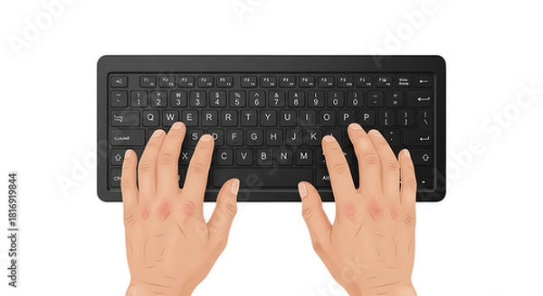 Fototapeta Typing on a black keyboard with hands overhead view.