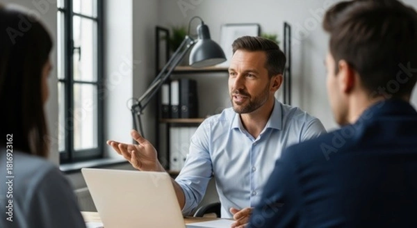 Fototapeta Professional advisor engages in serious discussion with two seated individuals across a desk