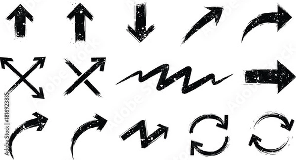 Obraz Set of 16 Grunge-Style Distressed Arrows in Various Shapes and Directions for Graphic Design and UI Elements