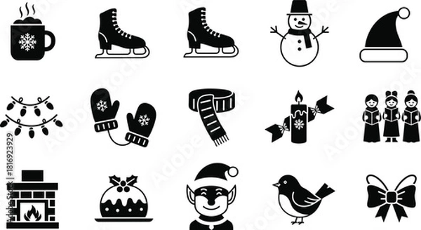 Obraz Set of 20 Black and White Winter and Christmas Icons Featuring Skates, Snowman, Carolers, Fireplace, and Decorations