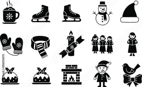 Obraz Set of 15 Black and White Christmas and Winter Icons for Holiday Design, Decoration, and Seasonal Graphic Projects