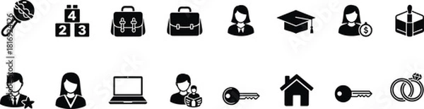 Obraz Linear Timeline of Life Stages and Milestones Illustrated with Black Icons for Education, Career, Family, and Home Ownership