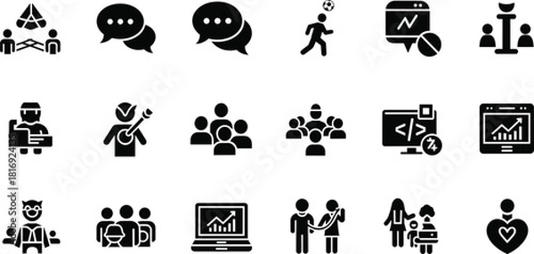 Obraz Set of 18 Black Business, Education, Health, and Communication Icons for Presentation, UI, Teamwork, and Strategy Design