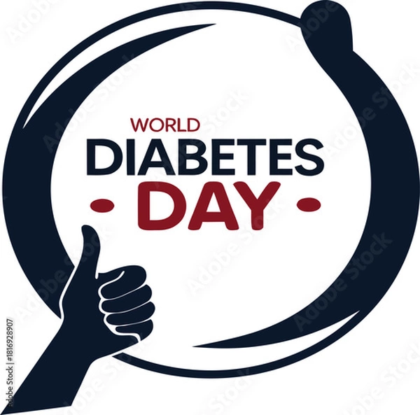 Fototapeta World Diabetes Day vector emblem with a thumb up gesture and awareness ribbon for health campaigns.