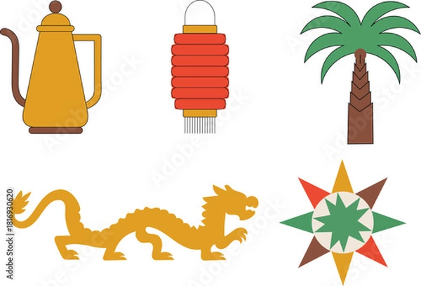 Fototapeta Oriental elements isolated on, including dragon, lantern, and palm