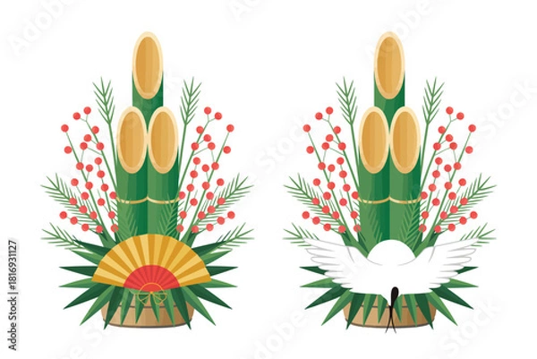 Fototapeta Traditional japanese kadomatsu new year decorations with crane and fan