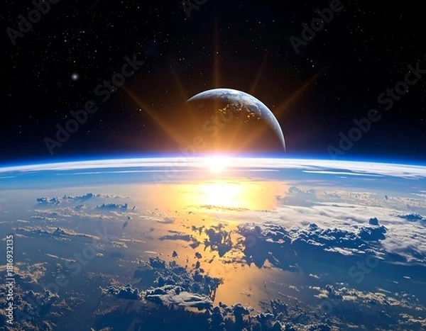 Fototapeta A breathtaking view of Earth's horizon, partially eclipsed by the moon, during a brilliant sunrise over a cloudy atmosphere