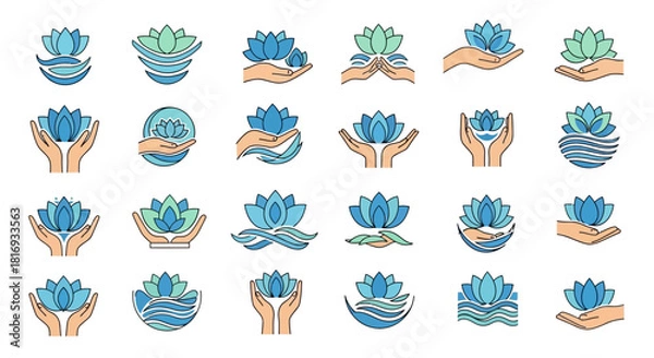 Obraz Collection of minimalist lotus flower and hands vector logo designs showcasing care and wellbeing