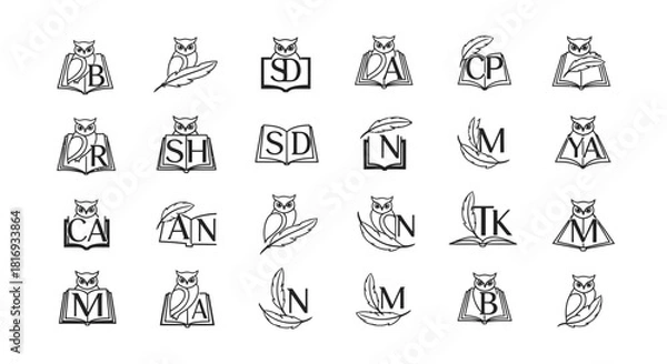 Obraz Collection of wise owl logos perched on books for diverse brand identities