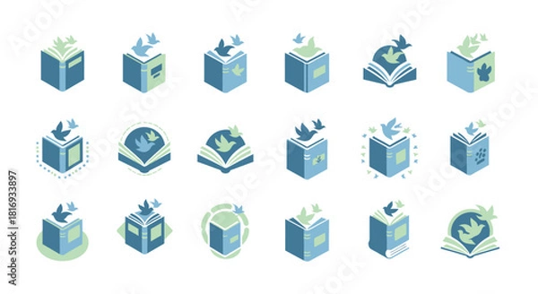 Obraz Collection of creative logo designs featuring open books and birds in flight blue tones