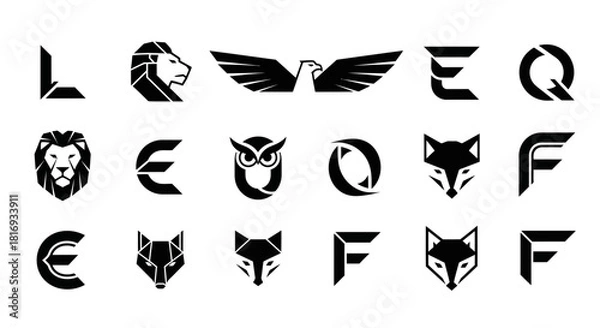 Fototapeta Collection of bold animal icons and geometric lettermarks for company branding solutions