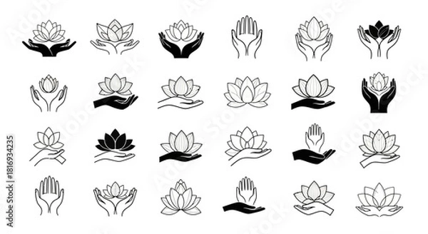 Obraz Elegant collection of lotus flower illustrations cradled in gentle hands expressing serenity and