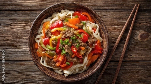 Fototapeta Top view of a Xinjiang Lagman traditional Uyghur noodle dish, hand-pulled noodles topped with stir-fried beef and vegetables bell peppers, tomatoes, carrots, onions, chili served in a rustic bowl