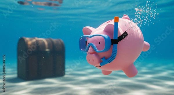 Fototapeta Piggy Bank Underwater with Diving Mask and Treasure Chest perfect for Long-Term Saving, Hidden Wealth, and Investment Exploration Concept