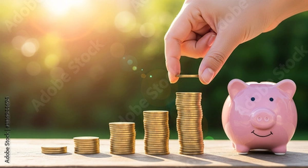 Fototapeta Hand Stacking Coins next to a Piggy Bank on a Wooden Table perfect for Representing Financial Saving, Growth, and Future Investment Plan