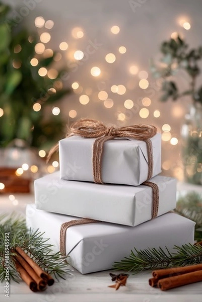 Fototapeta Minimal Christmas gift arrangement with white wrapped presents, cinnamon sticks, and warm bokeh lights
